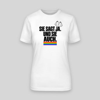 Sie sagt Ja. Und sie auch. JGA T-Shirt Damen in Weiss