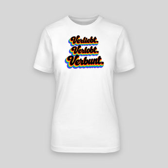 Verliebt Verlobt Verbunt Retro Regenbogen JGA T-Shirt Damen in Weiss