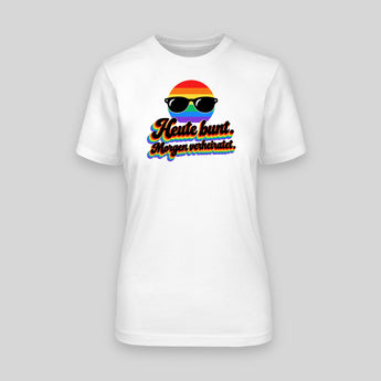 Heute bunt Morgen verheiratet Retro Regenbogen JGA T-Shirt Damen in Weiss