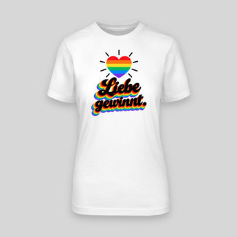 Liebe gewinnt Retro Regenbogen JGA T-Shirt Damen in Weiss