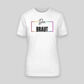 Die Braut Regenbogen-Rahmen JGA T-Shirt Damen in Weiss