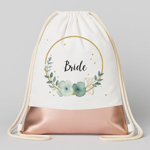Bride – Blume | JGA Turnbeutel Damen – Weiss / Rosegold