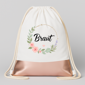 Braut Blumen JGA Turnbeutel Weiß Rosegold