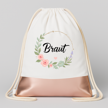 Braut Blumen JGA Turnbeutel Weiß Rosegold