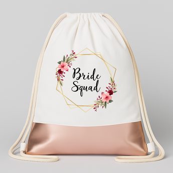 Bride Squad Blumen Square JGA Turnbeutel Weiß Rosegold