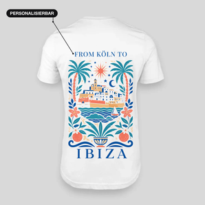 Ibiza personalisierbares T-Shirt weiß – Rückseite mit eigener Route über dem Island-Nights-Motiv