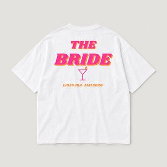 THE BRIDE Retro – weißes Oversized JGA-Shirt, Rückseite pink-orange