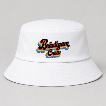 Bräutigam Crew Retro Regenbogen JGA Fischerhut Weiß