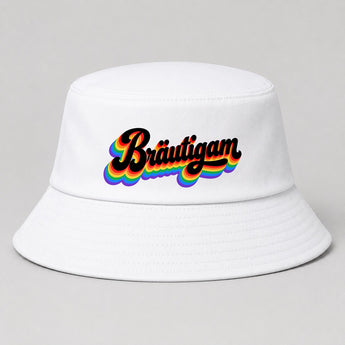 Bräutigam Retro Regenbogen JGA Fischerhut Weiß