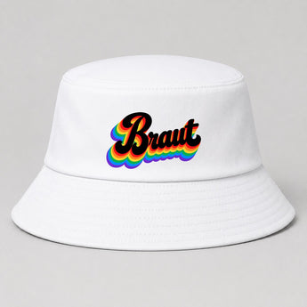 Braut Retro Regenbogen JGA Fischerhut Weiß