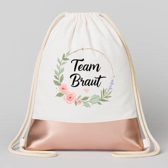 Team Braut Blumen JGA Turnbeutel Weiß Rosegold