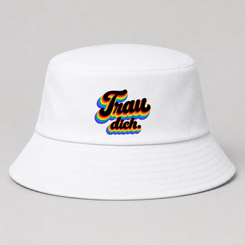 Trau dich. Retro Regenbogen JGA Fischerhut Weiß