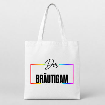 Der Bräutigam Regenbogen-Rahmen JGA Jutebeutel Weiß