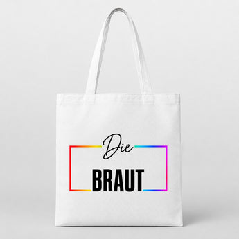 Die Braut Regenbogen-Rahmen JGA Jutebeutel Weiß