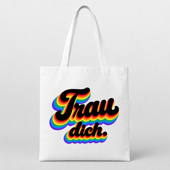 Trau dich. Retro Regenbogen JGA Jutebeutel Weiß
