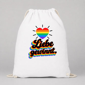 Liebe gewinnt Retro Regenbogen JGA Turnbeutel Weiß