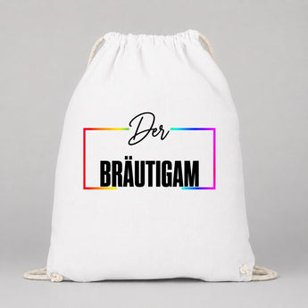 Der Bräutigam Regenbogen-Rahmen JGA Turnbeutel Weiß