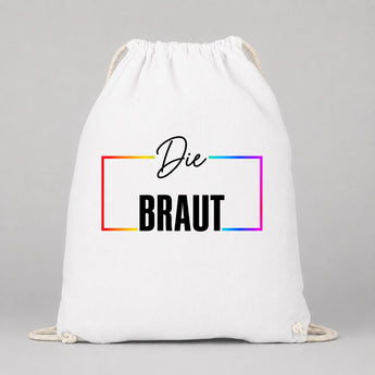 Die Braut Regenbogen-Rahmen JGA Turnbeutel Weiß
