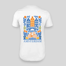 Amsterdam personalisierbares JGA T-Shirt weiß – Rückseite mit Städtetrip-Motiv und eigener Route