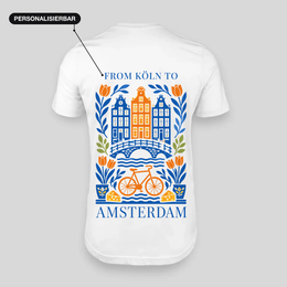 Amsterdam personalisierbares T-Shirt weiß – Rückseite mit eigener Route über dem Städtetrip-Motiv (Grachtenhäuser, Fahrrad)