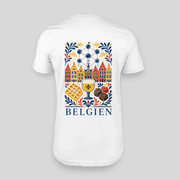 Belgien personalisierbares JGA T-Shirt weiß – Rückseite mit Taste-of-Europe-Motiv und eigener Route