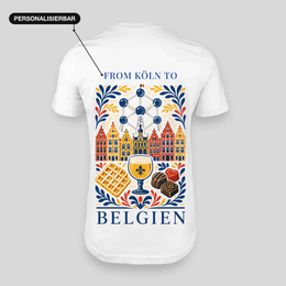 Belgien personalisierbares T-Shirt weiß – Rückseite mit eigener Route über dem Taste-of-Europe-Motiv (Atomium, Waffel, Pralinen)