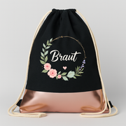 Braut Blumen JGA Turnbeutel Schwarz Rosegold