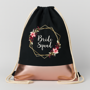 Bride Squad Blumen Square JGA Turnbeutel Schwarz Rosegold
