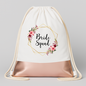 Bride Squad Blumen Square JGA Turnbeutel Weiß Rosegold