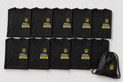Crew 10 Bundle – 10 schwarze JGA T-Shirts mit Junggesellen Vollzugsanstalt Print und Turnbeutel