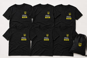 Crew 6 Bundle – 6 schwarze JGA T-Shirts mit Junggesellen Vollzugsanstalt Print und Turnbeutel