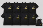 Crew 8 Bundle – 8 schwarze JGA T-Shirts mit Junggesellen Vollzugsanstalt Print und Turnbeutel
