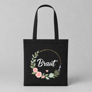Braut – Blumen | JGA Jutebeutel – Schwarz