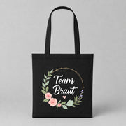 Team Braut – Blumen | JGA Jutebeutel – Schwarz