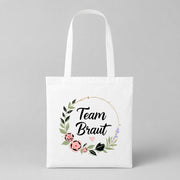Team Braut – Blumen | JGA Jutebeutel – Weiss