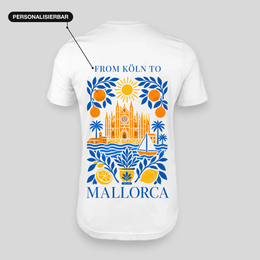 Mallorca personalisierbares T-Shirt weiß – Rückseite mit eigener Route über dem Balearic-Sun-Motiv (Kathedrale, Palmen, Meer)