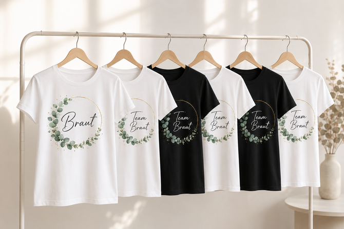 Crew-Bundle Damen: Braut- und Team-Braut-Shirts mit Eukalyptus-Design auf der Kleiderstange