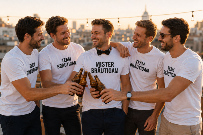 Bräutigam und Crew: fünf Männer im MISTER-BRÄUTIGAM- und TEAM-BRÄUTIGAM-Shirt auf einer Dachterrasse