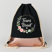 Team Braut Blumen JGA Turnbeutel Schwarz Rosegold