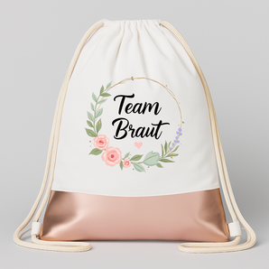 Team Braut Blumen JGA Turnbeutel Weiß Rosegold