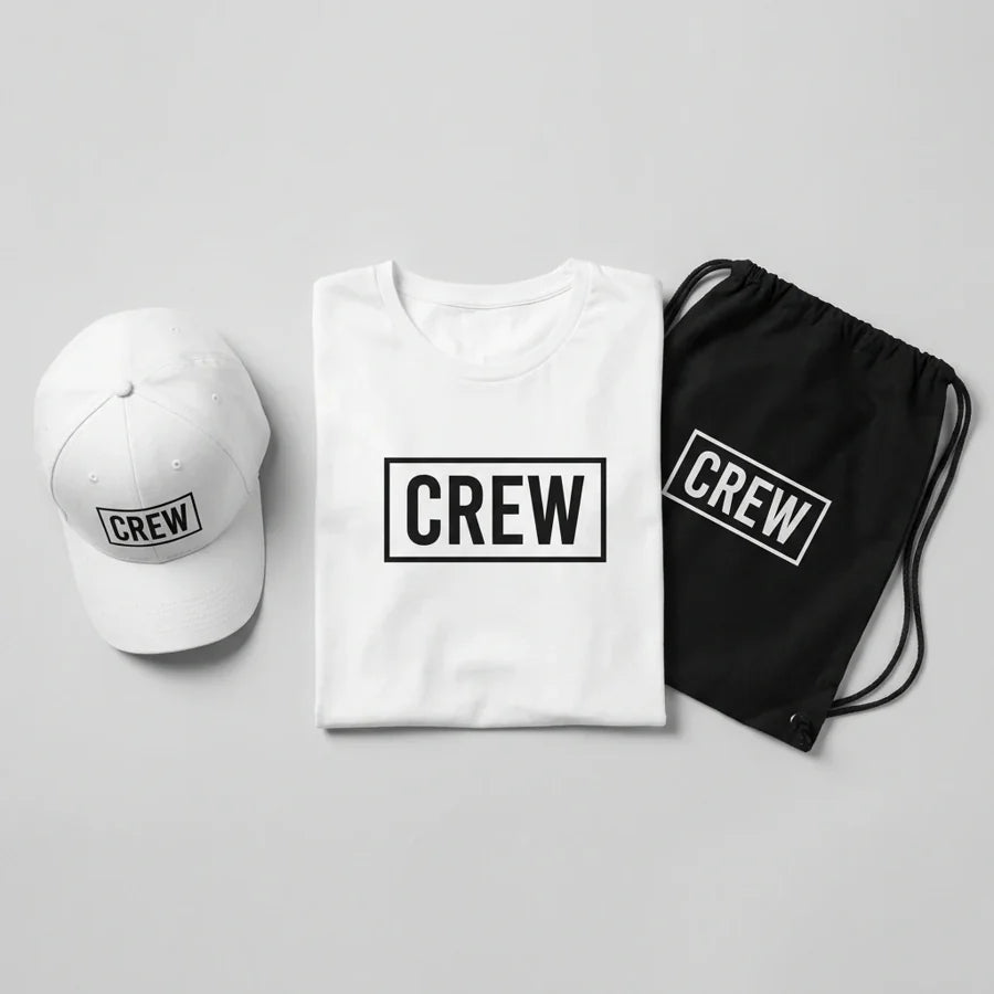 Crew-Komplettpaket: Shirt, Cap & Beutel im selben Design