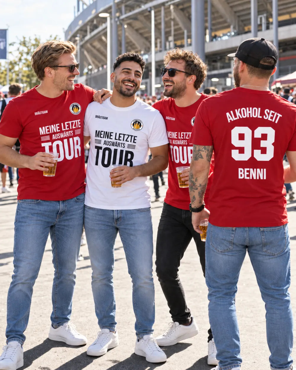 JGA-Look Auswärtstour: Bräutigam und Crew im abgestimmten Outfit